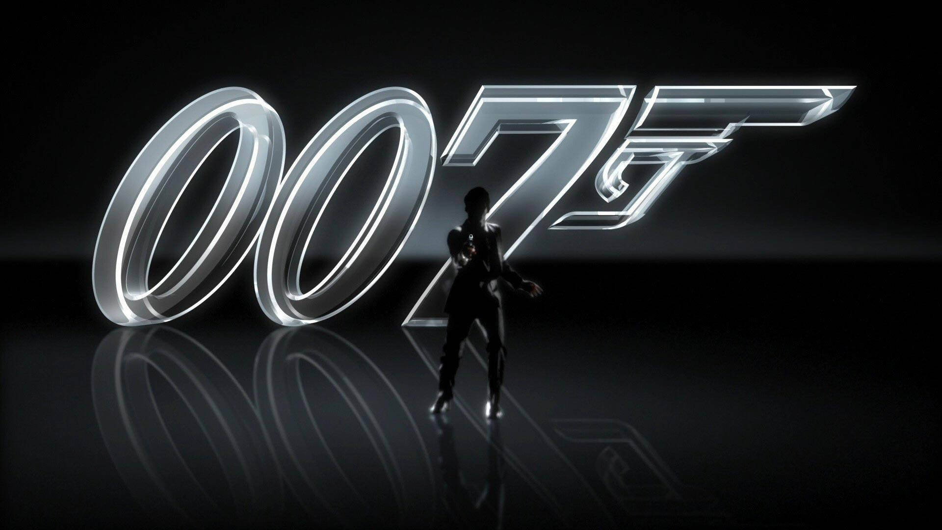 詹姆斯·邦德007電影 壁紙 — 一個剪影人物站在發光的007標誌前，在黑暗反射的工作室中，帶有戲劇性的燈光。