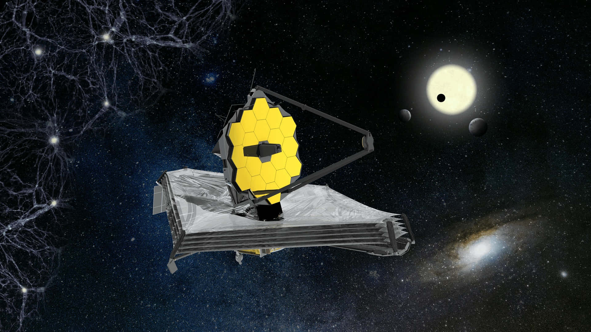 詹姆斯·韋伯太空望遠鏡在深空中，有星星和星系