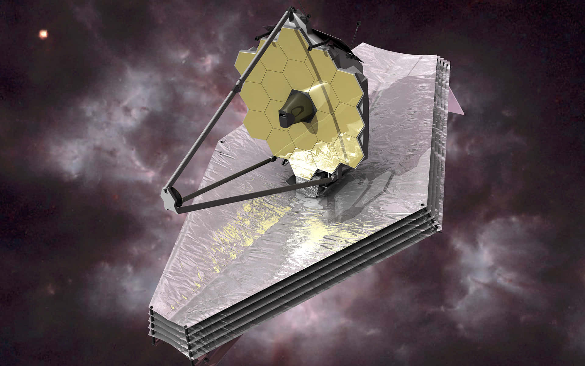 詹姆斯·韋伯太空望遠鏡在軌道上，背景是星光燦爛的宇宙。