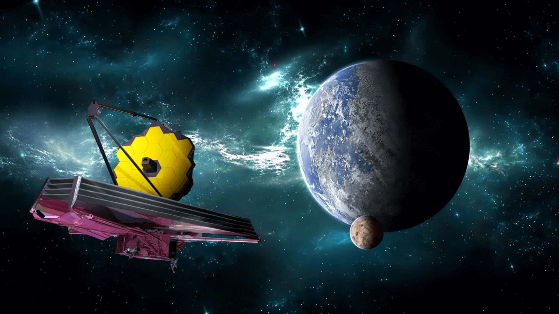 一個太空望遠鏡在星光燦爛的星系中繞著一顆帶有月亮的藍色行星運行。