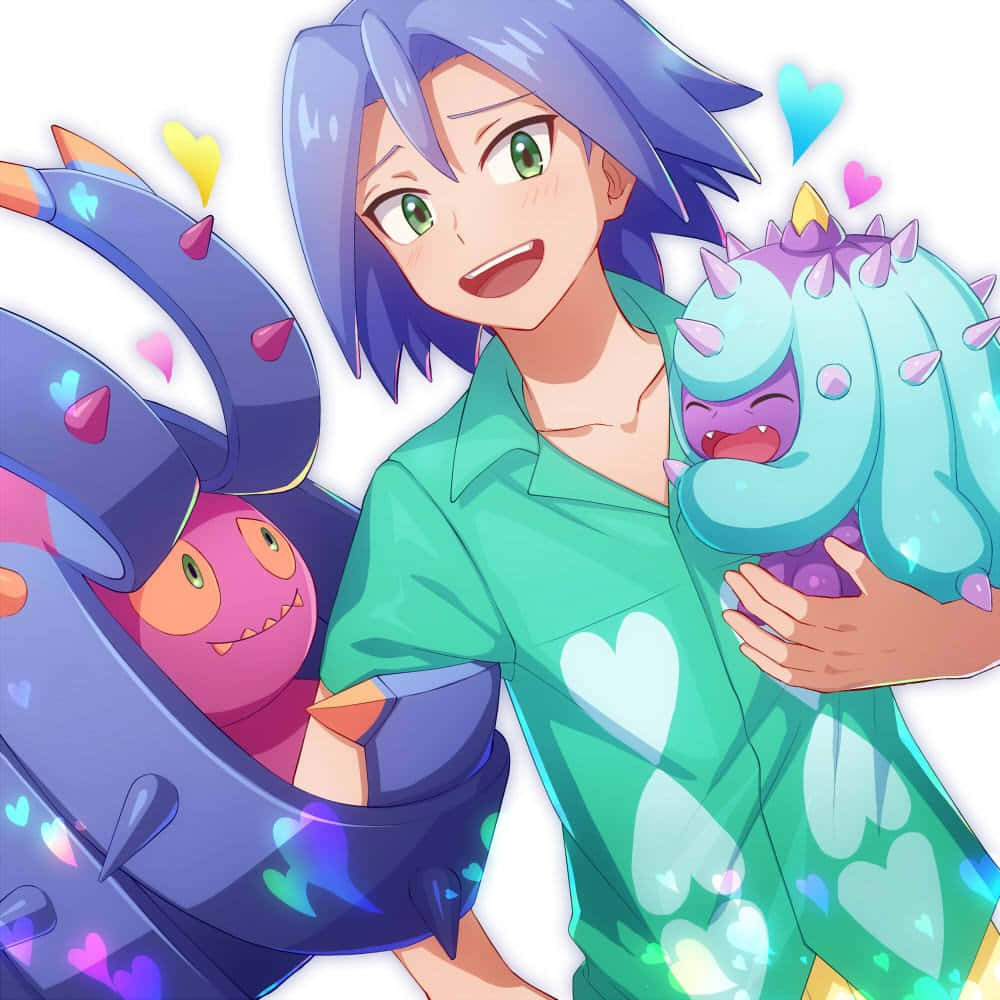 詹姆斯與 Toxapex 和 Mareanie 壁紙 — 一個開心的藍髮動漫角色擁抱一隻可愛的尖刺生物，而另一個頑皮的怪物從機械臂中窺視。