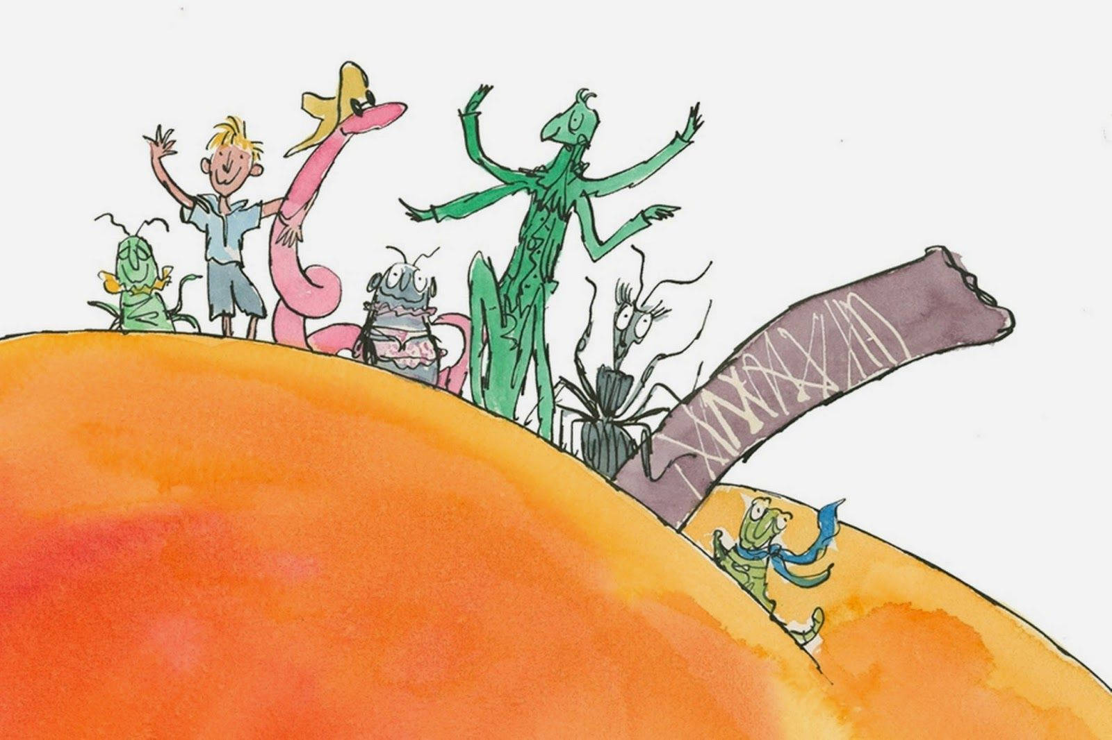 《詹姆斯與巨桃》童書插畫 壁紙 — 一個男孩和色彩繽紛的卡通生物快樂地站在一個巨大的橙色山丘上的異想天開的水彩插圖。