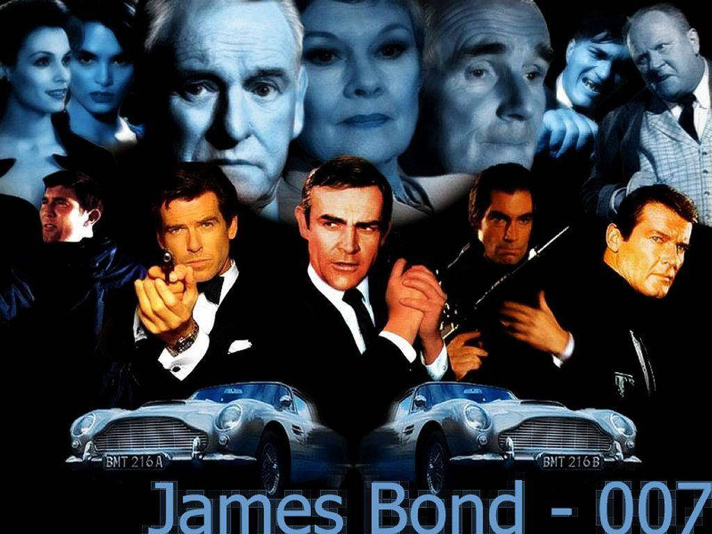 詹姆斯邦德007行動畫面 壁紙 — 占士邦演員與標誌性Aston Martin DB5汽車的拼貼畫，採用冷藍色調，帶有「James Bond - 007」文字。