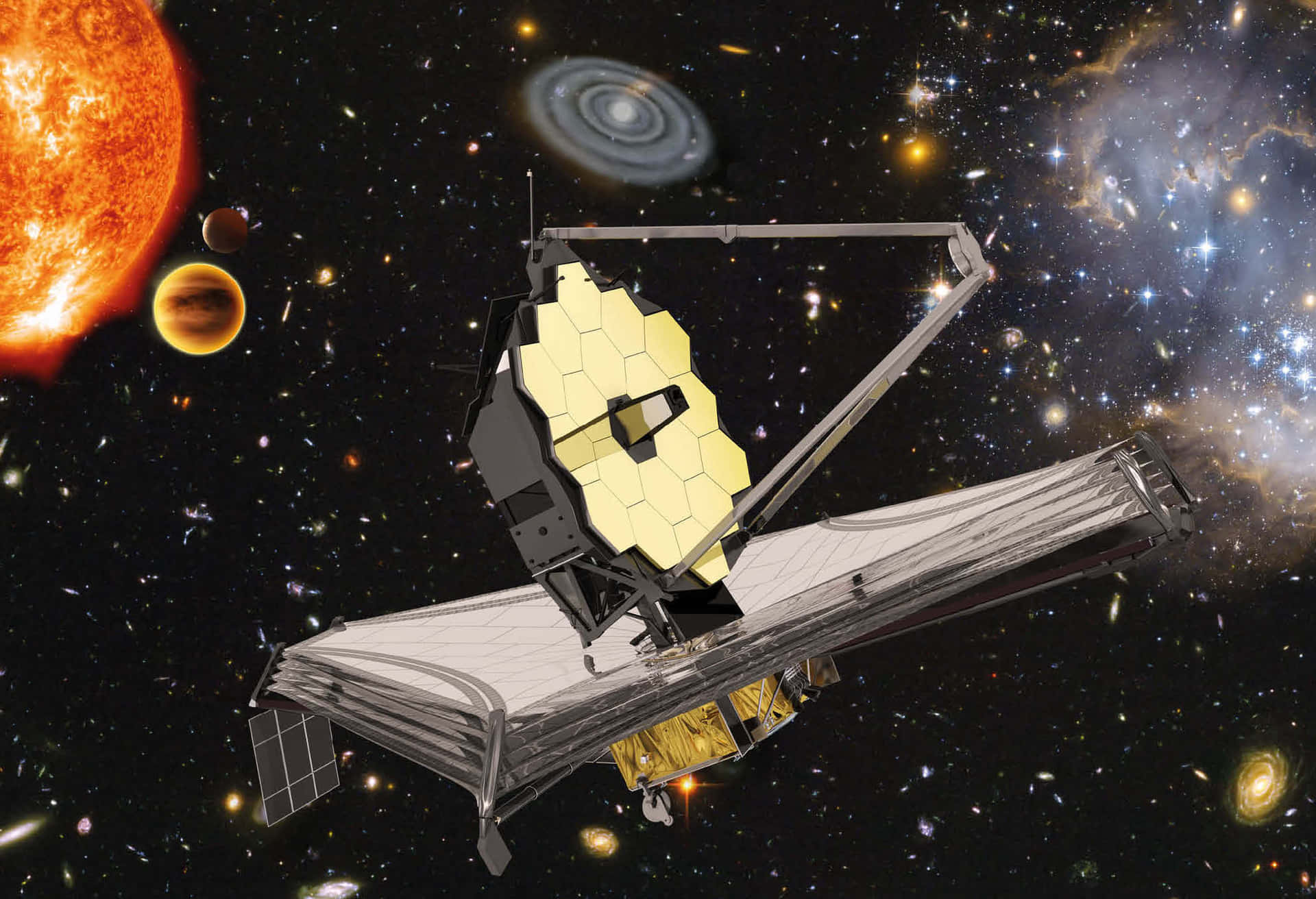 詹姆斯·韋伯太空望遠鏡在深空中繞著恆星和星系運行。