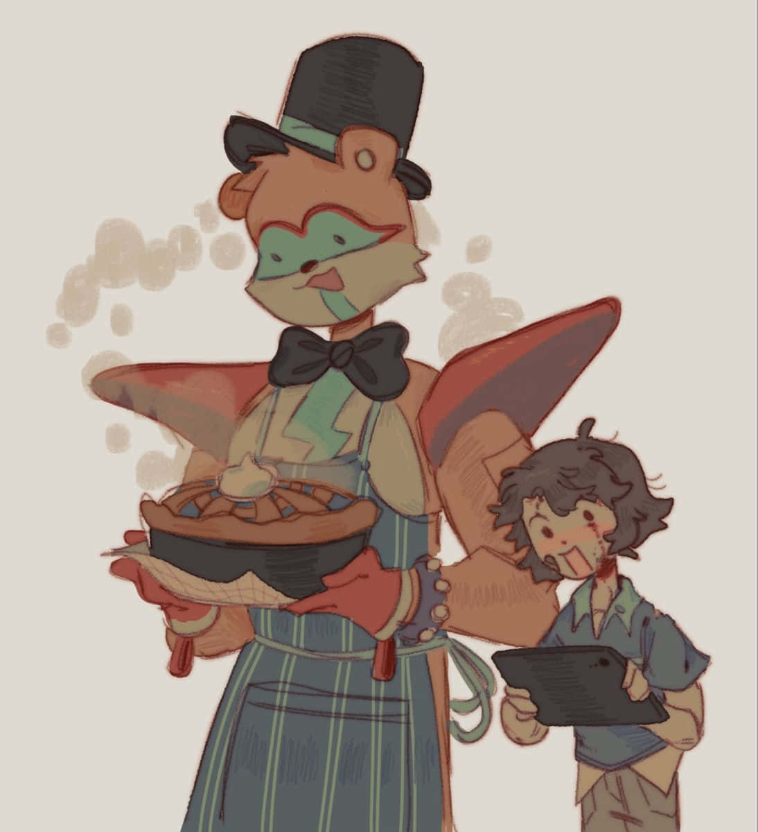 認識《FNAF》角色——Freddy、Chica、Foxy等！ 壁紙 — 一個異想天開的擬人化狐狸廚師，戴著高帽和圍裙，自豪地展示一個冒煙的餡餅，而一個驚訝的孩子拿著平板電腦。