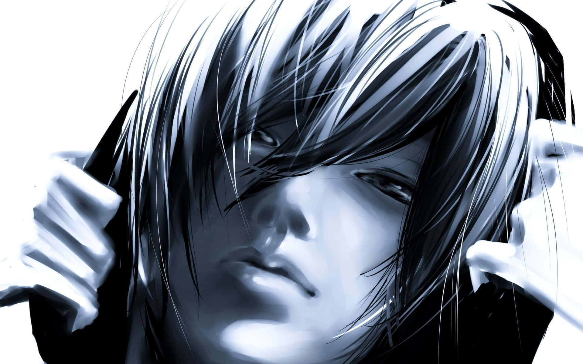 認識 Takumi， irresistibly 可愛迷人的動漫男孩 壁紙 — 一個戲劇性的動畫肖像，描繪一位頭髮凌亂、眼神銳利的年輕男子，以強烈黑白對比和光影效果呈現。