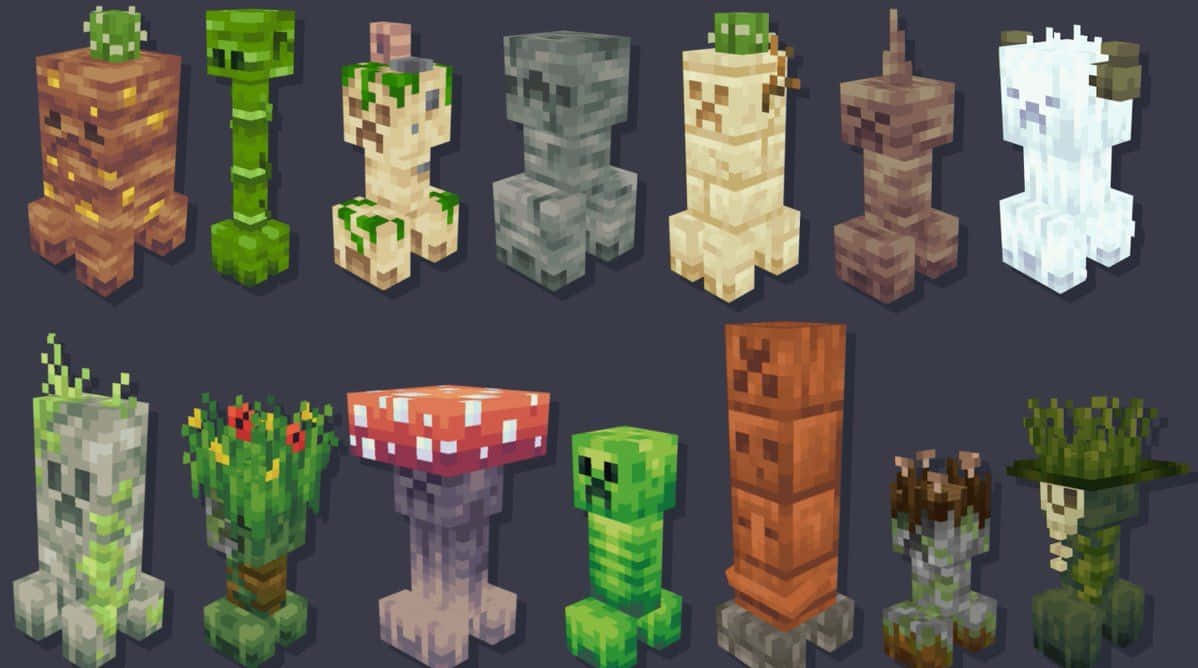 認識《我的世界》經典角色 壁紙 — 一系列Minecraft像素藝術生物和植物，在深色背景上以兩行顯示。