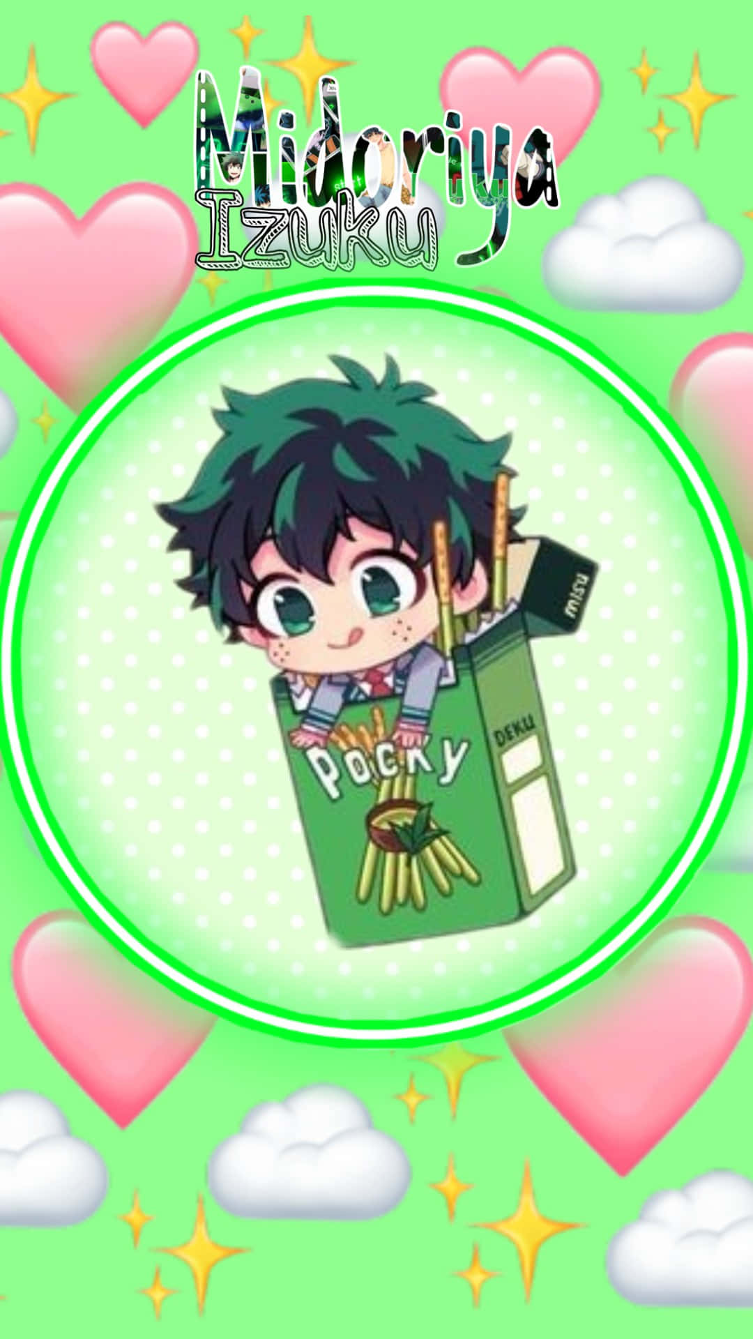 認識Baby Deku——可愛勇敢的年輕英雄，充滿青春熱情 壁紙 — Q版動漫角色綠谷出久從一個綠色Pocky盒子裡彈出來，周圍有粉紅色的心形和雲朵，背景是明亮的綠色。