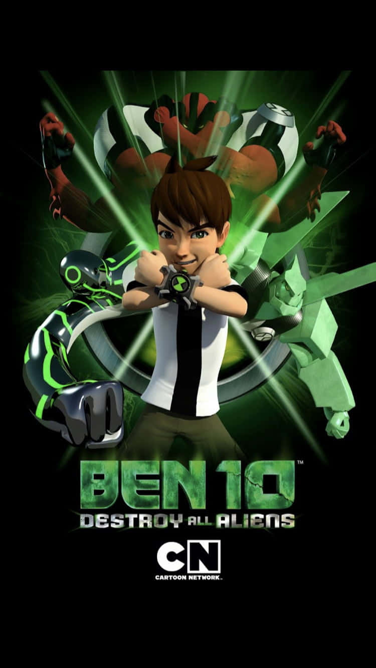 認識Ben 10的外星夥伴們 壁紙 — 年輕英雄 Ben Tennyson 在黑暗背景下被發光的綠色外星人形態包圍，啟動他的 Omnitrix。