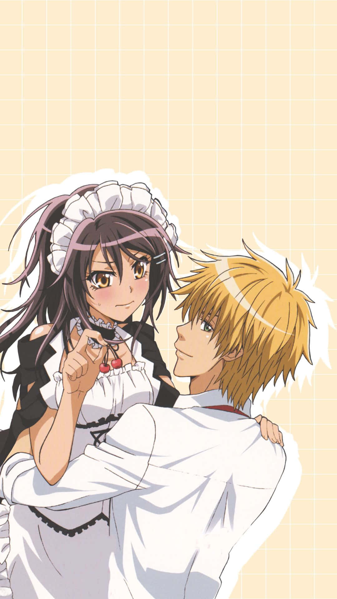 認識Misaki Ayuzawa——完美千金與最佳女僕 壁紙 — 一個開心的動漫女僕裝女孩，在一個微笑的金髮白襯衫男孩旁邊頑皮地拿著櫻桃。