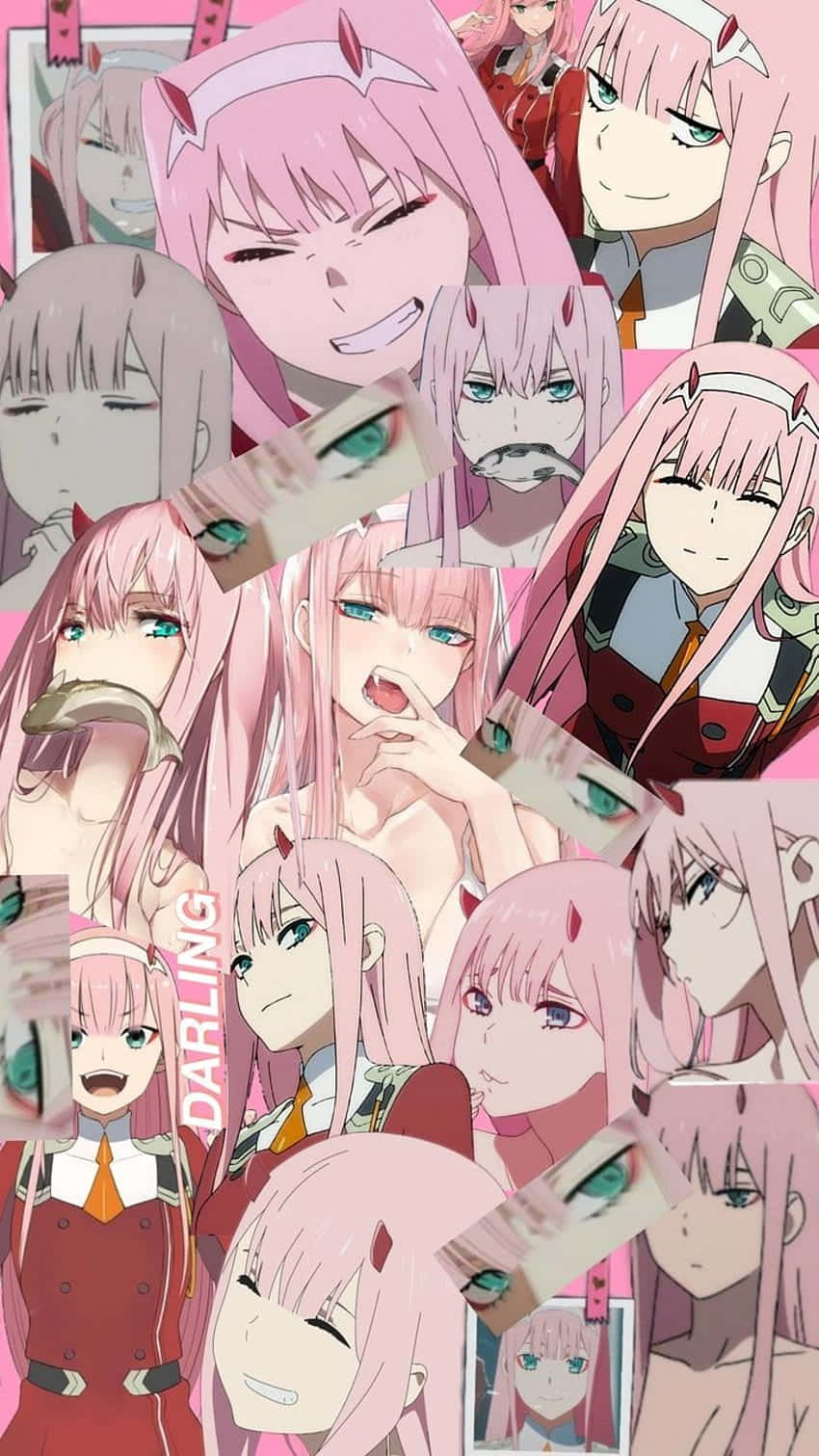 認識Zero Two，動畫《Darling in the Franxx》的主角 壁紙 — 充滿活力的動漫拼貼畫，包含多個粉紅色頭髮、魔鬼角的角色表情豐富的肖像，穿著多樣化的服裝。
