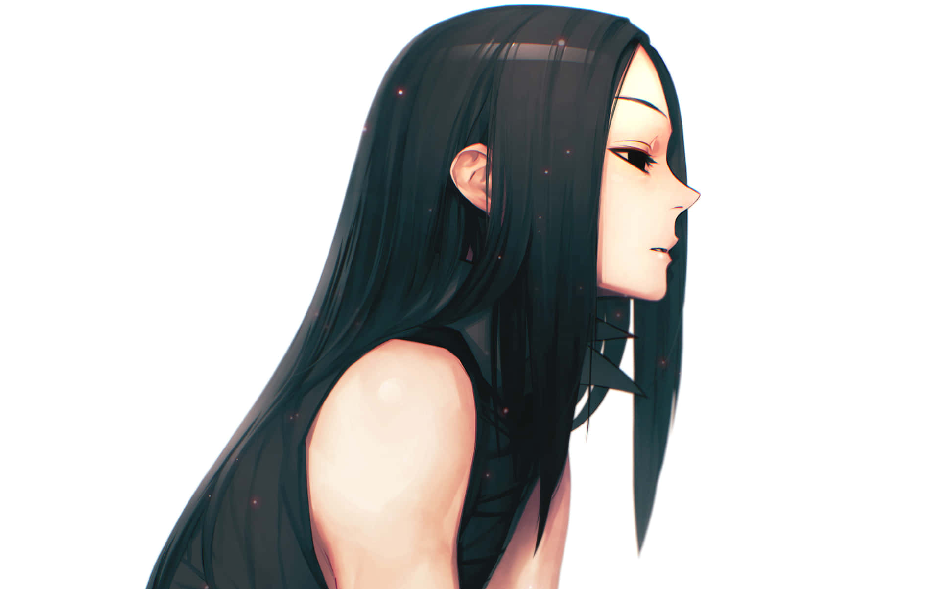 長黑髮動漫女孩，帶有發光粒子的側面輪廓。