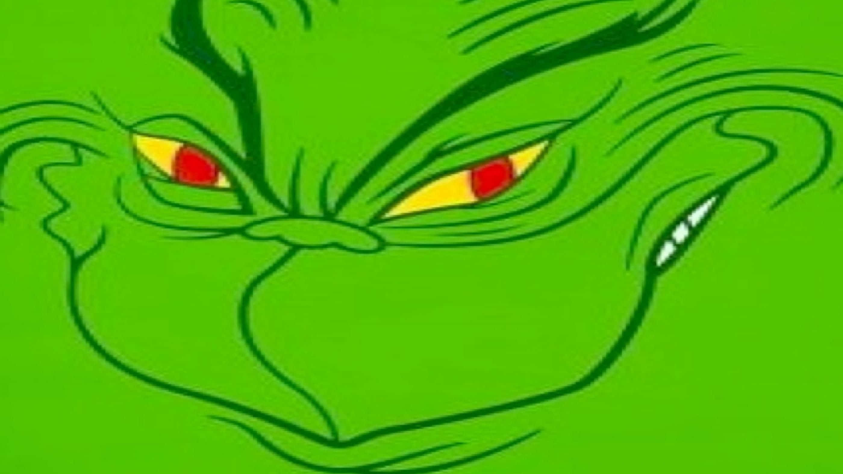 「認識偷走假日的Grinch」 壁紙 — 特寫鏡頭：聖誕怪傑憤怒的綠色面孔，紅眼睛和尖牙，背景為純綠色。