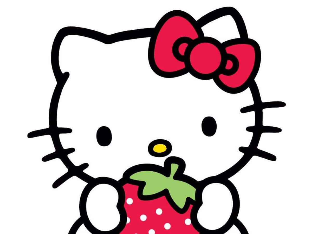 認識充滿活力的 Hello Kitty 壁紙 — Hello Kitty 頭上戴著紅色蝴蝶結，拿著草莓，背景為白色。