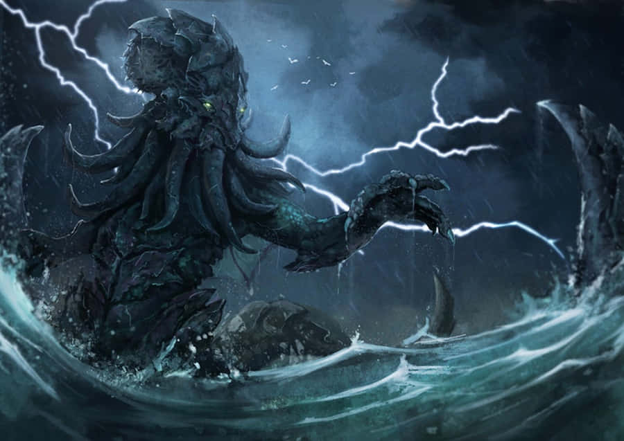 巨大海怪從暴風雨中升起，天空中有閃電