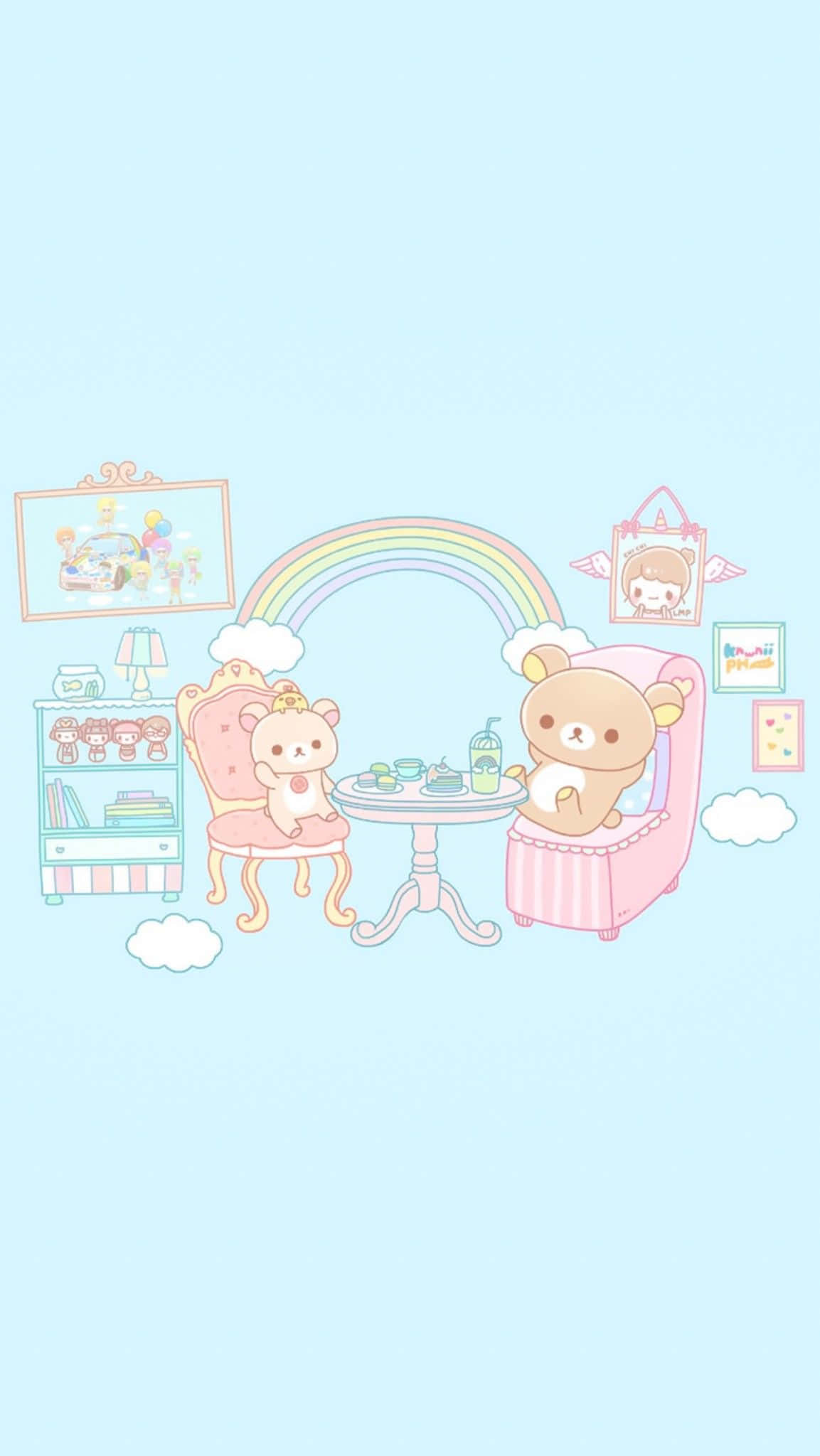 認識可愛的Rilakkuma，鎮上最友善的熊！ 壁紙 — 兩隻可愛嘅粉彩熊喺彩虹下享受茶，喺一個夢幻嘅粉紅色同藍色房間。