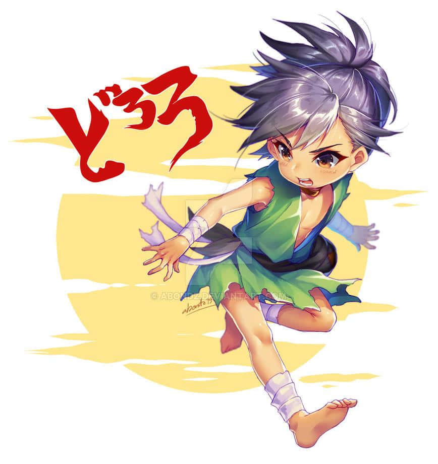 身穿綠色服裝的Q版動漫男孩，在紅色日文字樣和黃色太陽光芒背景中跳躍。
