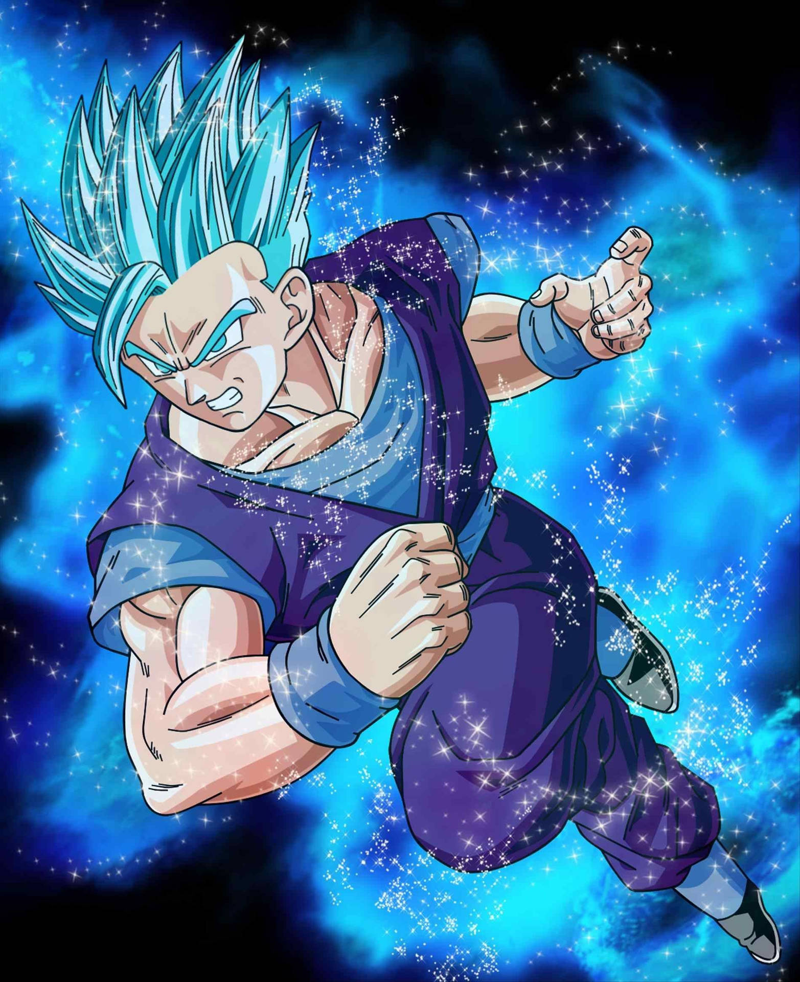 藍色頭髮和紫色道服的動漫角色飛過星光宇宙背景。