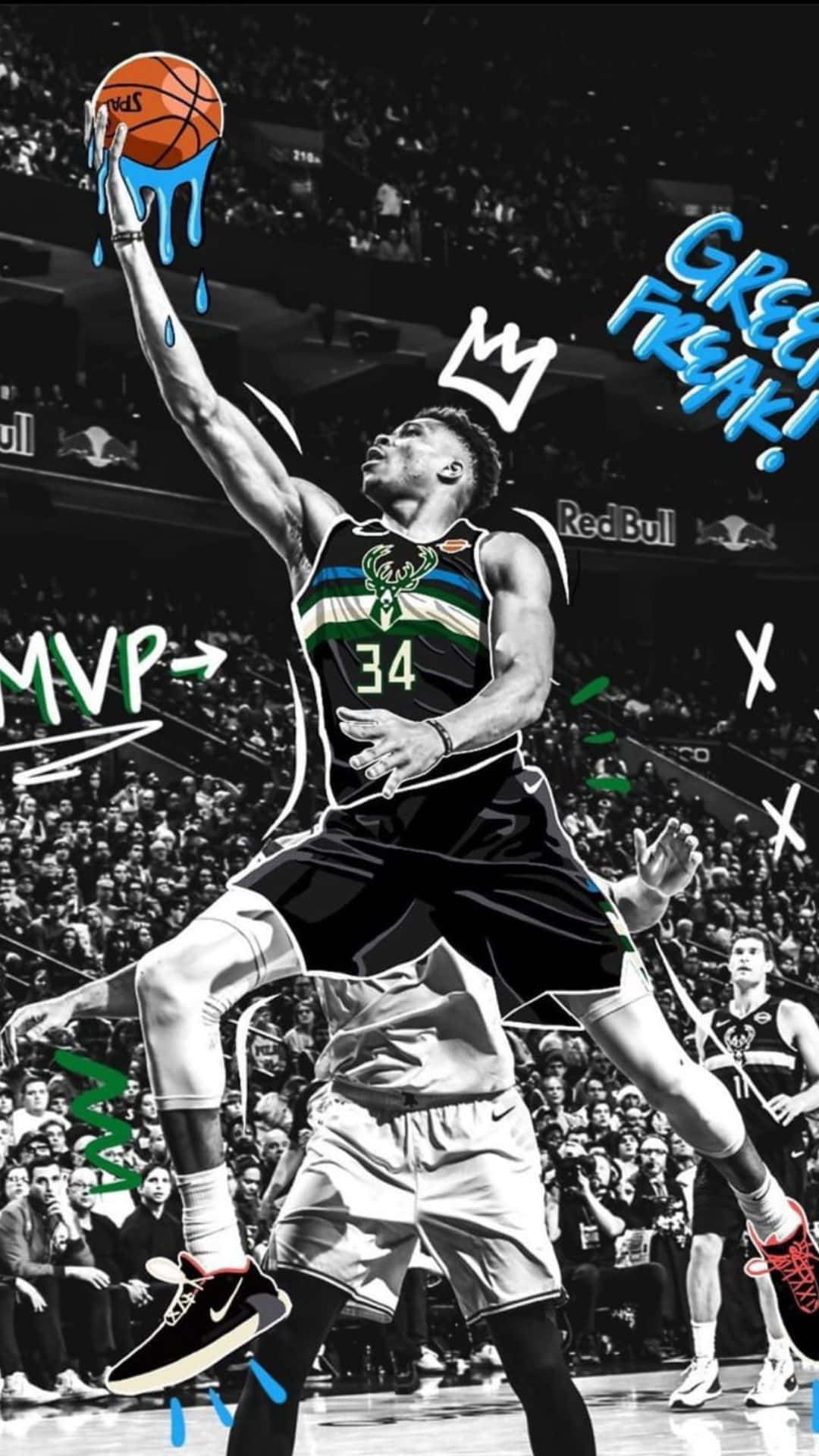 籃球運動員在半空中入樽，帶有藍色油漆滴和「Green Freak MVP」塗鴉。