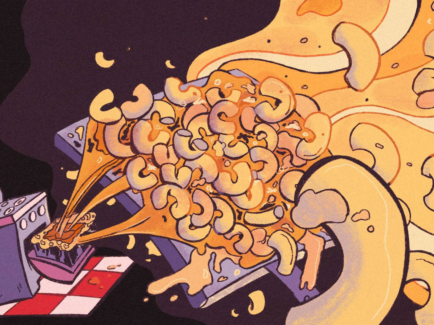 誘人焗烤通心粉奶酪 壁紙 — 一幅卡通插圖，描繪腰果從微波爐爆炸到格子地板上，帶有橙色醬汁飛濺。