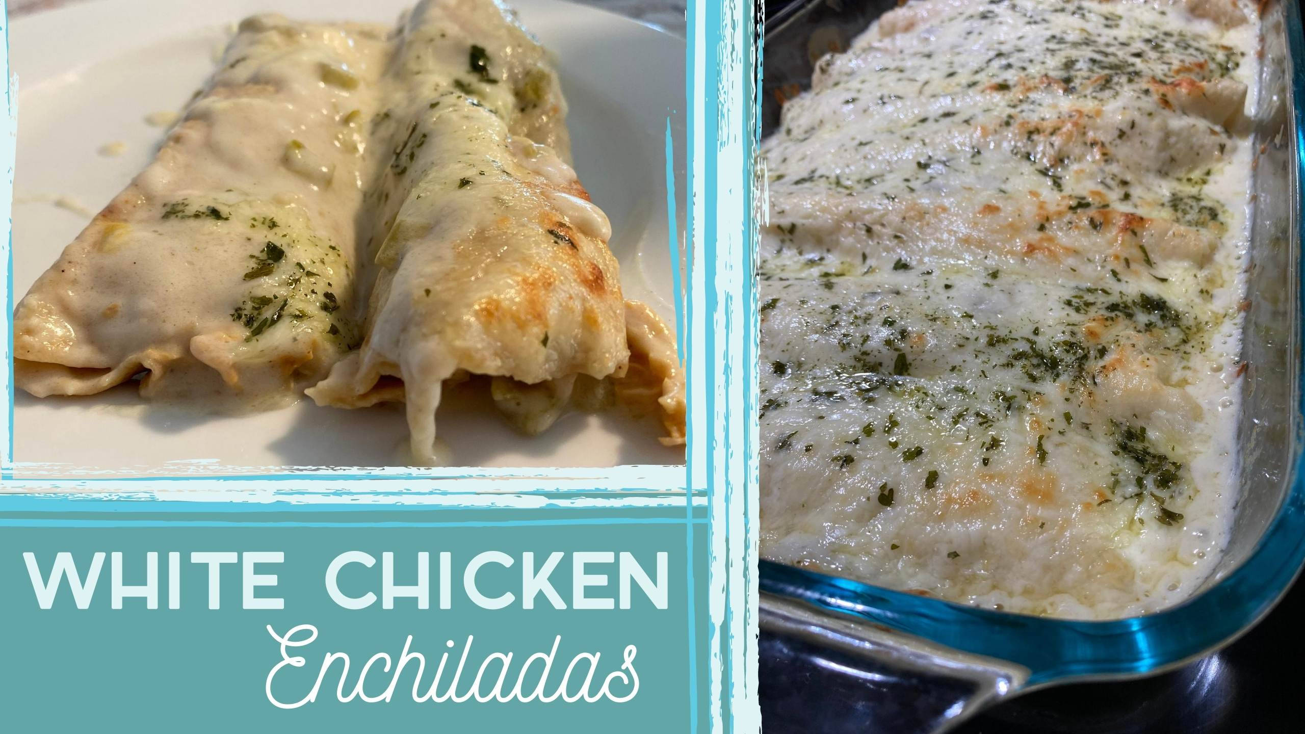 誘人的白雞 enchiladas 壁紙 — 兩塊金黃色的雞肉玉米卷餅，上面淋上奶油醬和新鮮香草，放在白色碟子上，旁邊的玻璃烤盤裡還有更多玉米卷餅。