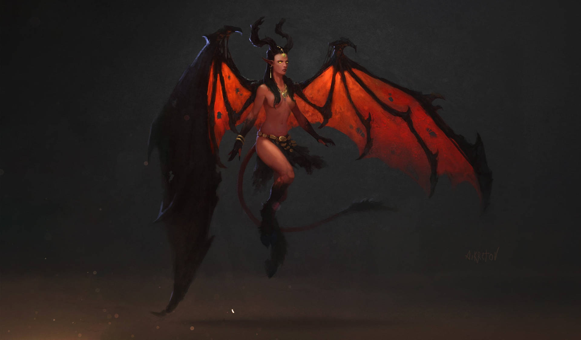 一個帶有紅色翅膀和角的惡魔女性漂浮在黑暗中。