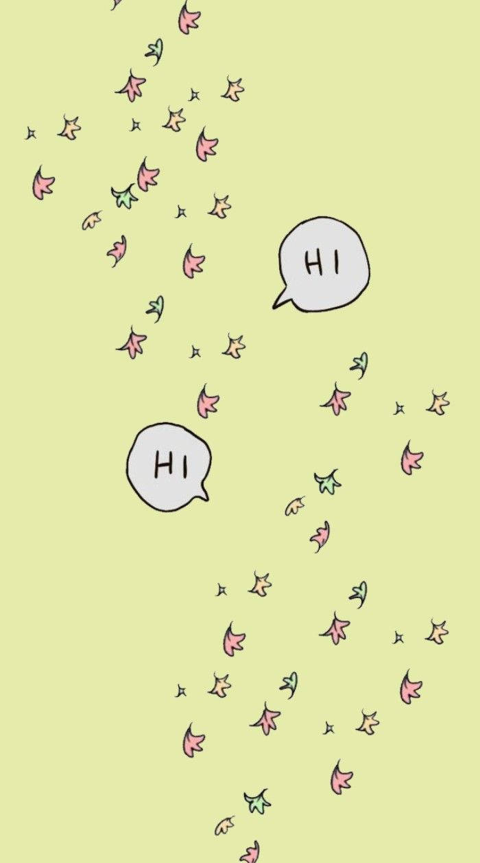 兩個帶有「HI」字樣的對話框，被漂浮的葉狀形狀環繞，背景為淡黃色。
