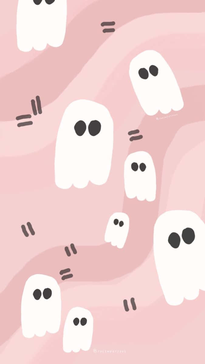「說boo！」 壁紙 — 可愛的白色卡通鬼魂在柔和的粉紅色漸變背景上頑皮地漂浮，帶有簡單的黑色眼睛和波浪線。