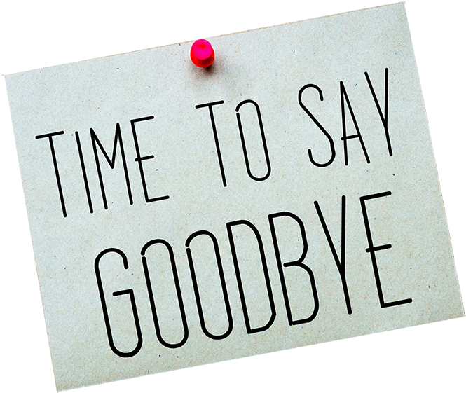 說再見便條 壁紙 — 一張米色便利貼，上面有粗體黑色文字寫著 'TIME TO SAY GOODBYE'，用紅色圖釘釘在純黑背景上。