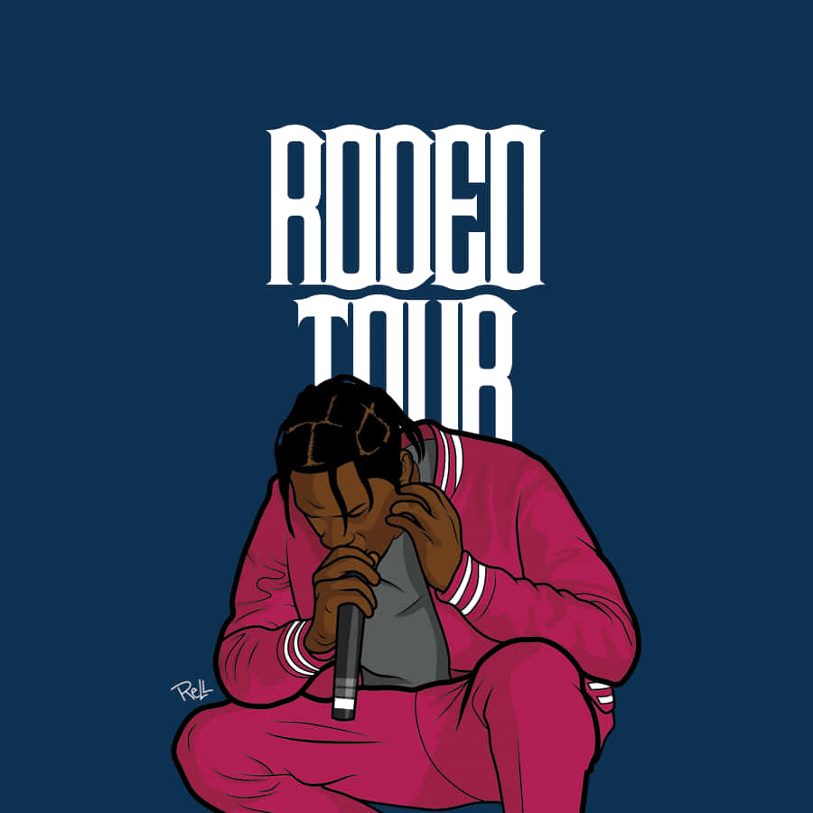 身穿粉紅色運動服的饒舌歌手手持麥克風，帶有「RODEO TOUR」文字。
