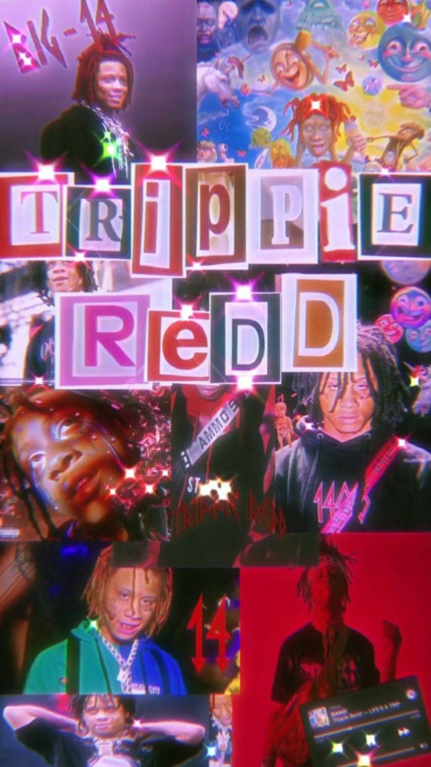 帶有卡通面孔和發光文字的Trippie Redd拼貼。
