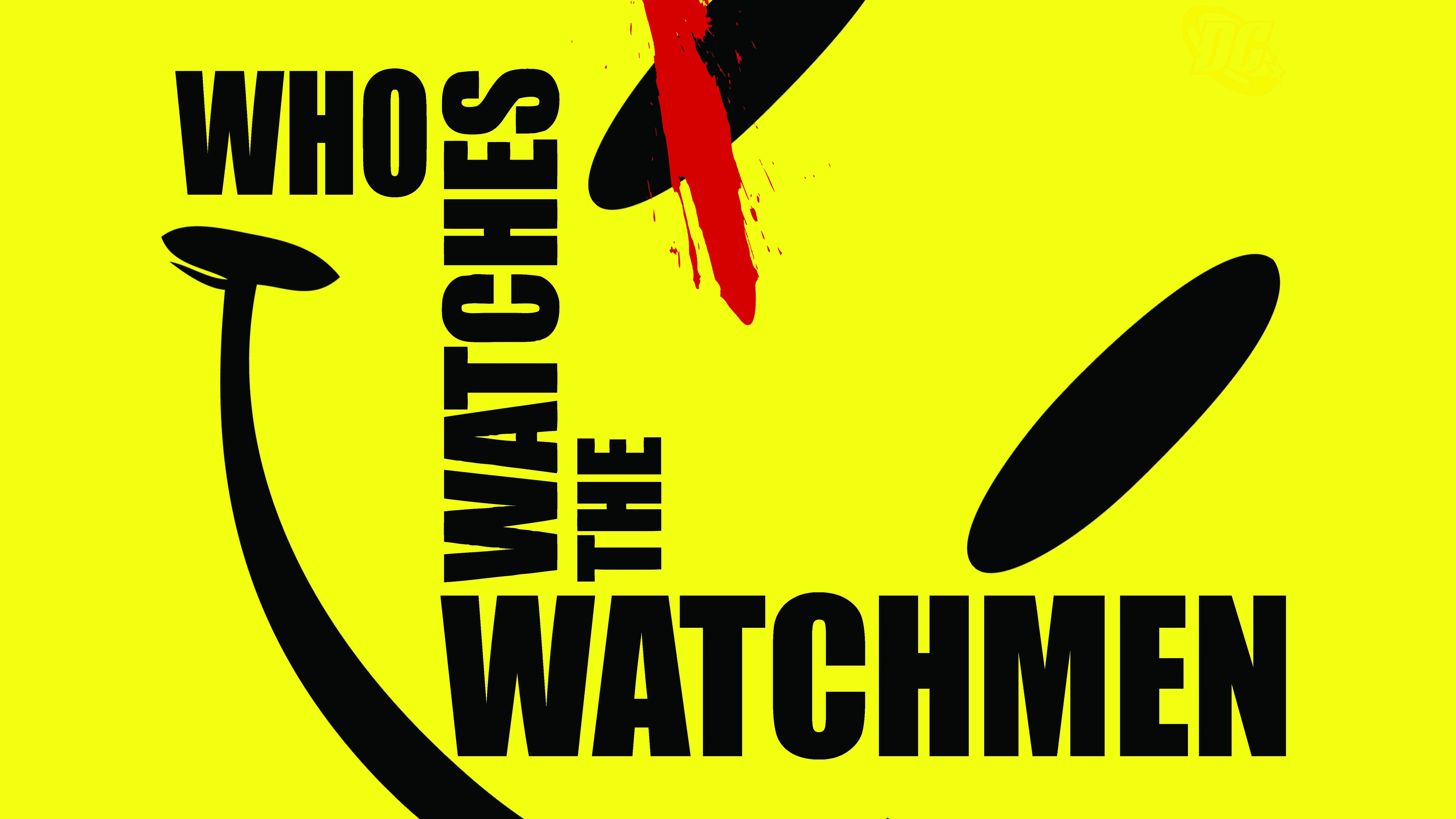 誰在監視守望者 壁紙 — 粗體黑色文字寫著「WHO WATCHES THE WATCHMEN」，背景為鮮黃色，帶有紅色飛濺和抽象形狀。