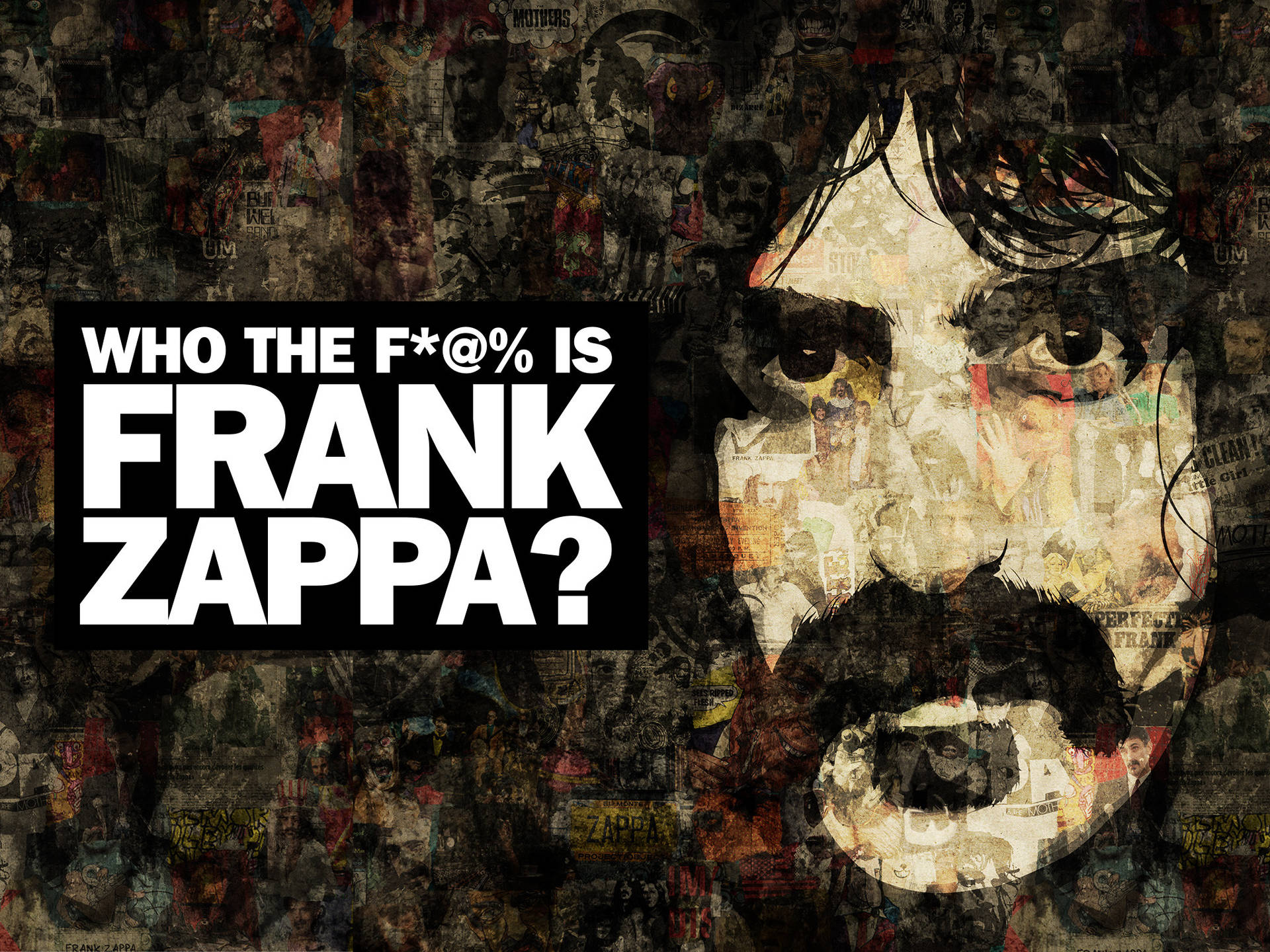 Frank Zappa 拼貼畫，以粗體文字詢問他是誰。
