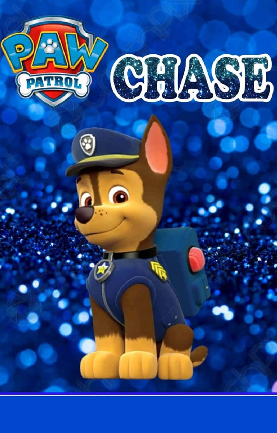 來自汪汪隊立大功的警察小狗Chase，穿著制服，背景是藍色閃粉。