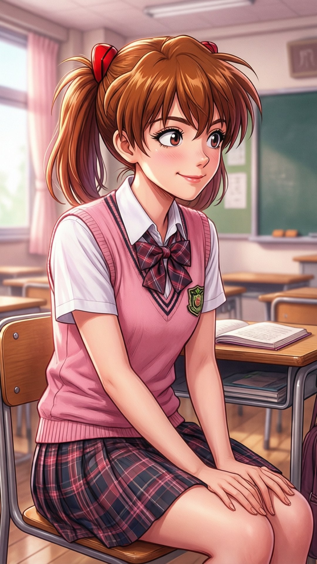 課堂側目 壁紙 — 一個開心的動漫女孩穿著粉紅色校服，坐在明亮的教室裡，陽光從窗戶照射進來。