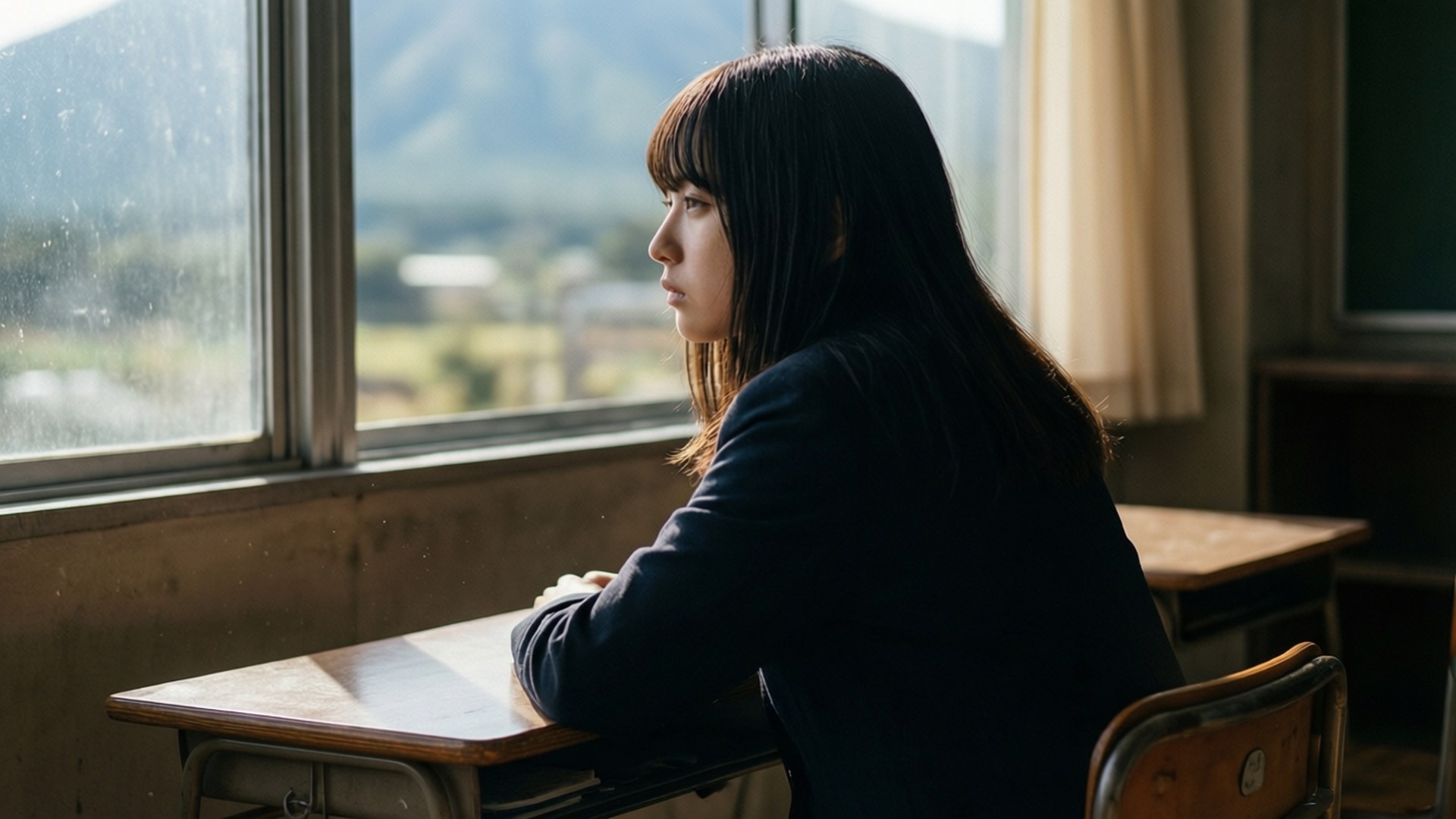 課室白日夢 壁紙 — 一名身穿校服的年輕女子獨自坐在空蕩蕩的教室裡的木桌前，凝視著佈滿灰塵的窗外。