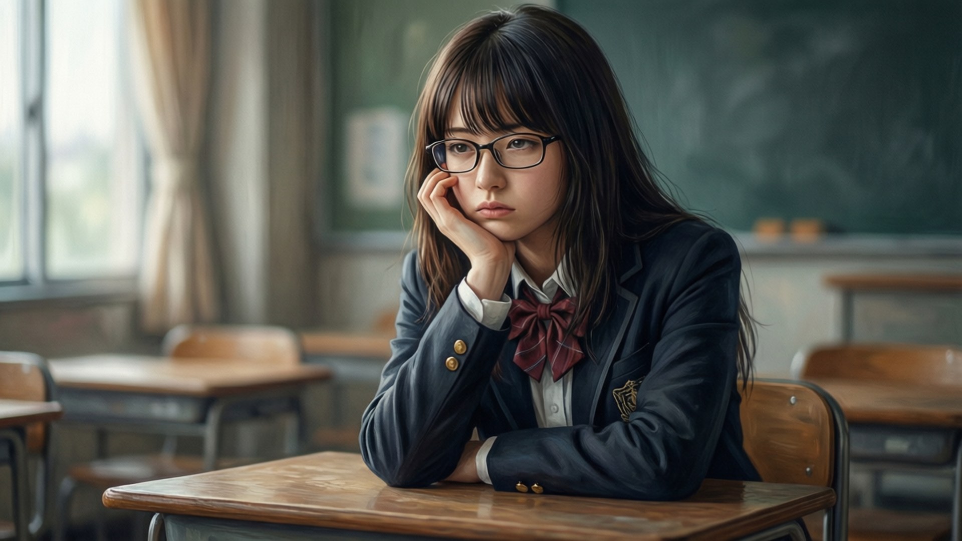 課室靜默凝視 壁紙 — 一個疲倦的動漫女孩穿著校服，在安靜的教室裡將頭靠在手上休息。