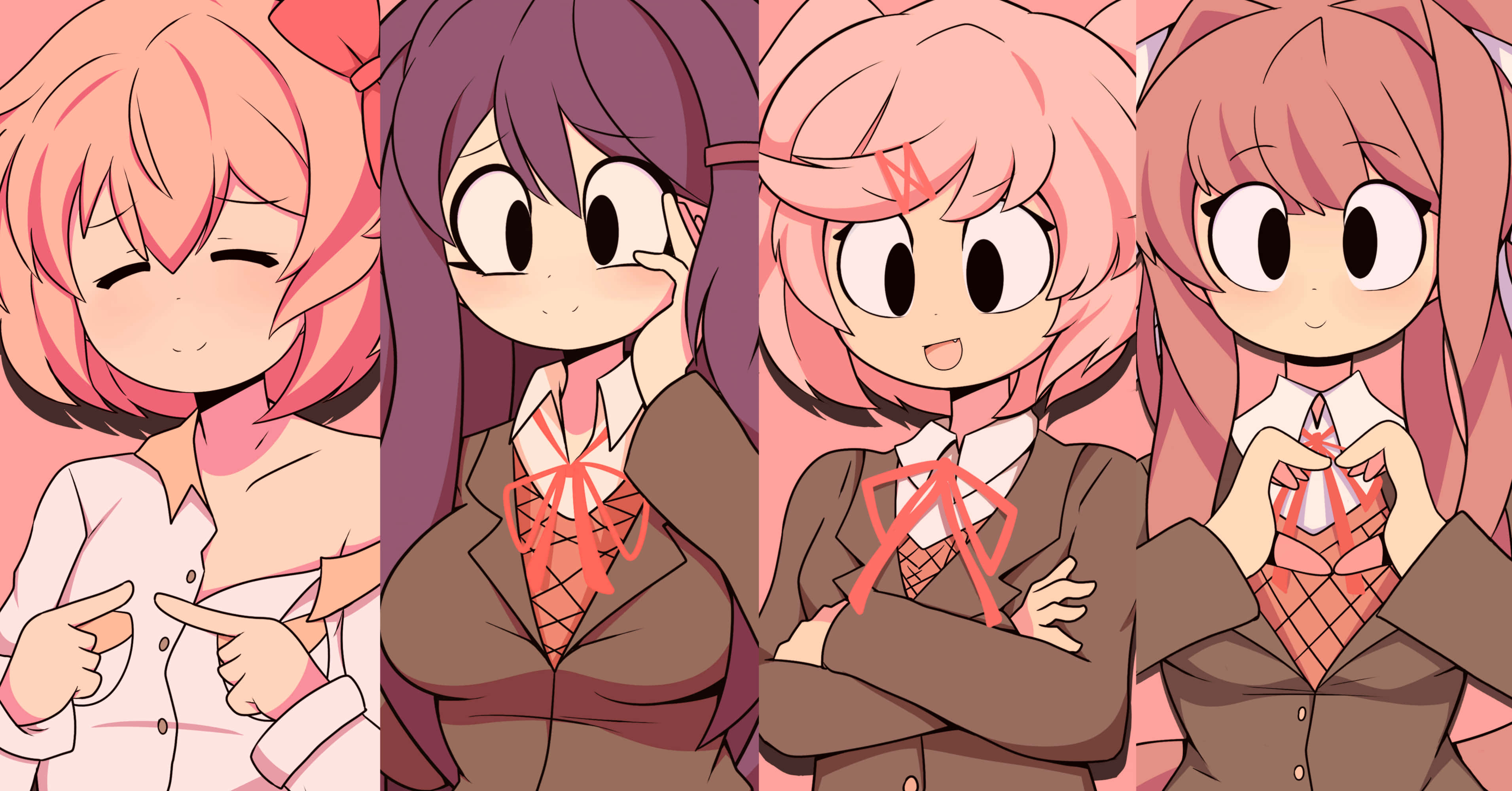 調皮少女團 Ddlc 壁紙 — 四個穿著校服的動畫女孩在柔和的粉紅色背景前擺出俏皮的表情。