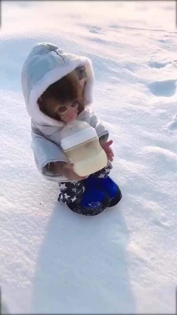 嬰兒穿著雪衣拿著奶瓶坐在雪中