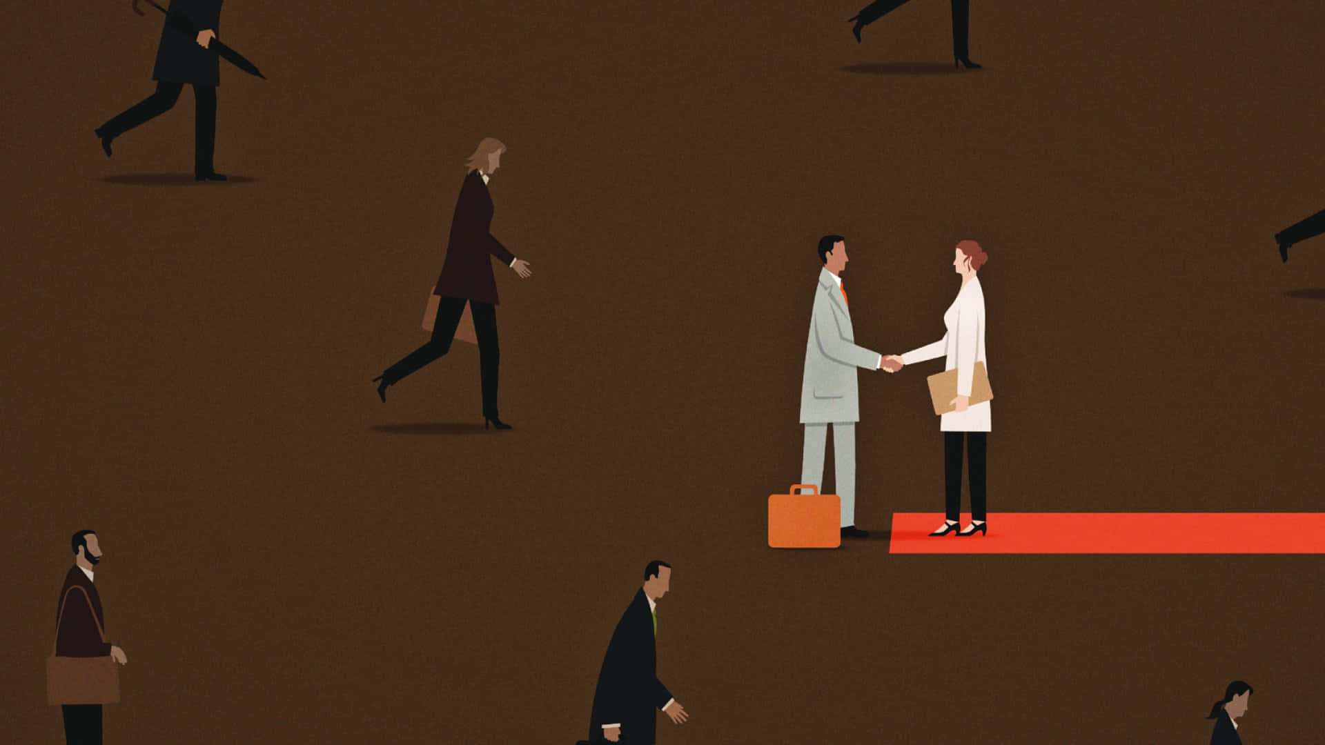談判進行中 壁紙 — 兩位商務人士在紅地毯上握手，其他人則在極簡插圖場景中匆匆走過。