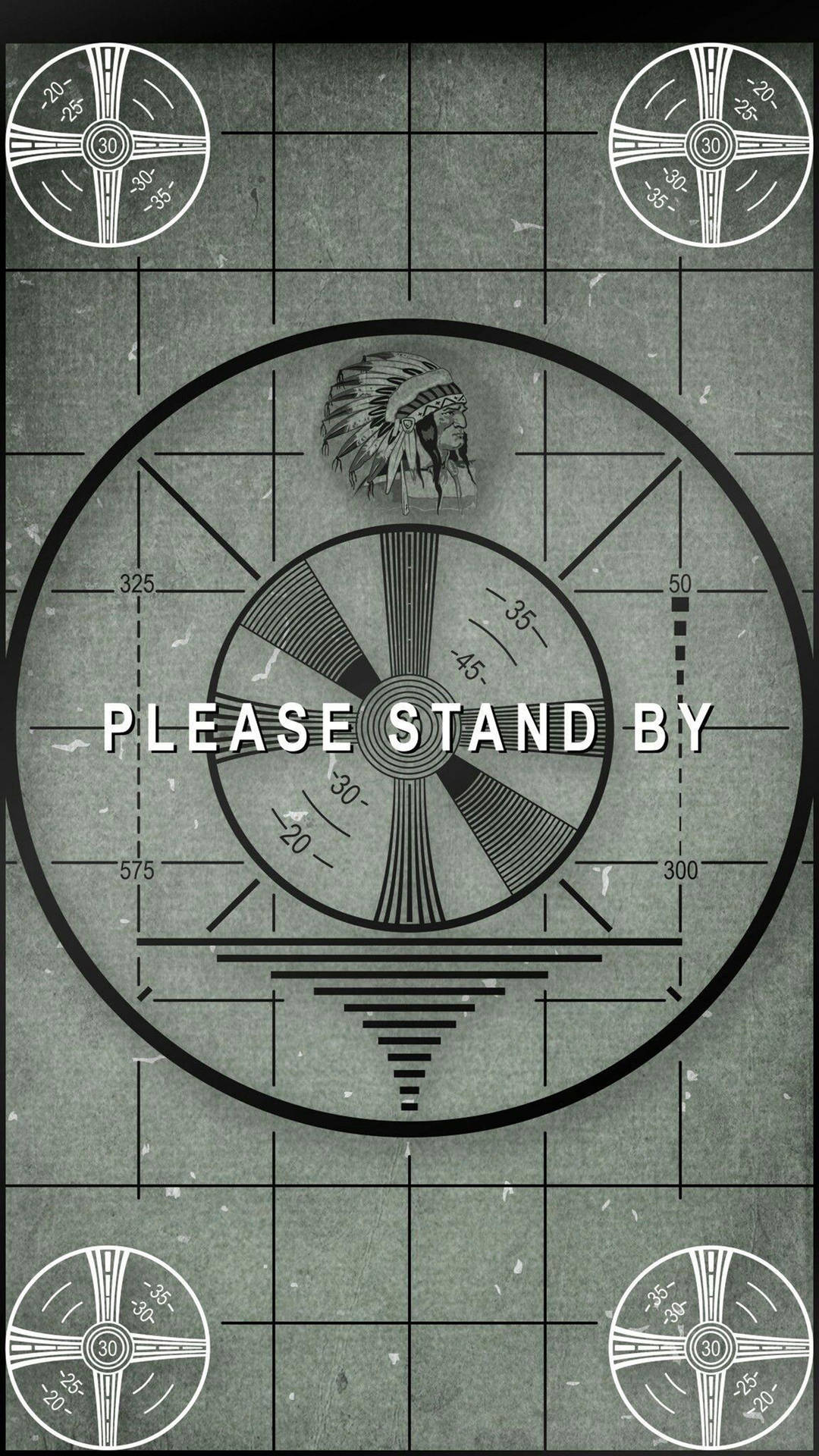雷達屏幕，帶有美洲原住民頭飾和「PLEASE STAND BY」文字。