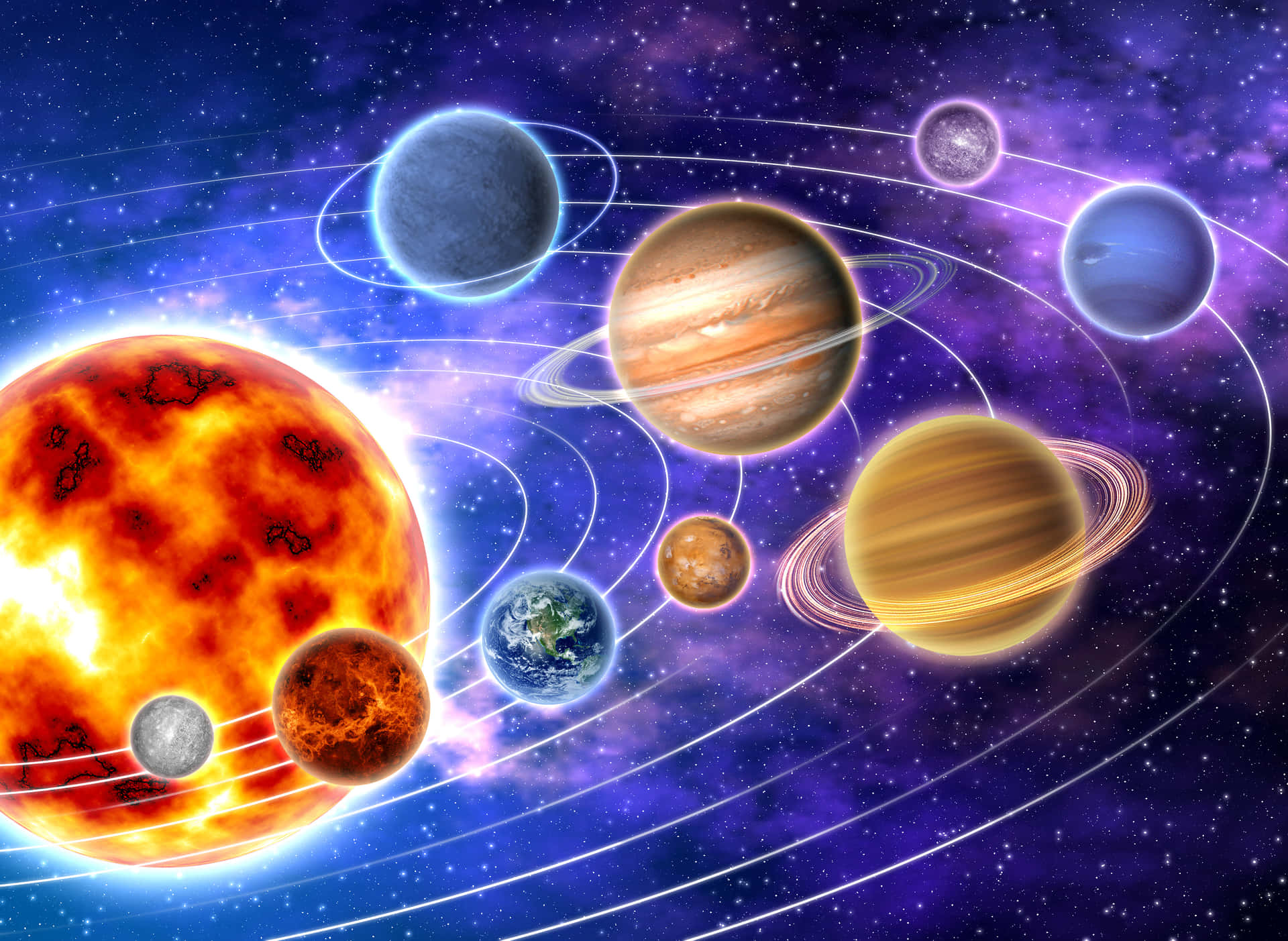 太陽系，太陽和行星在多彩的太空運行。