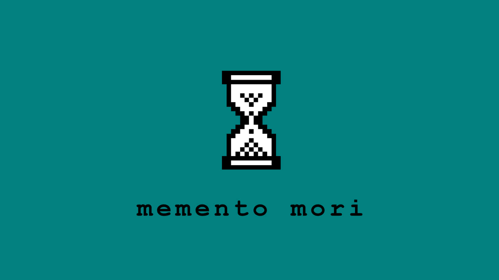 像素化沙漏，悲傷表情，memento mori文字，青綠色背景。