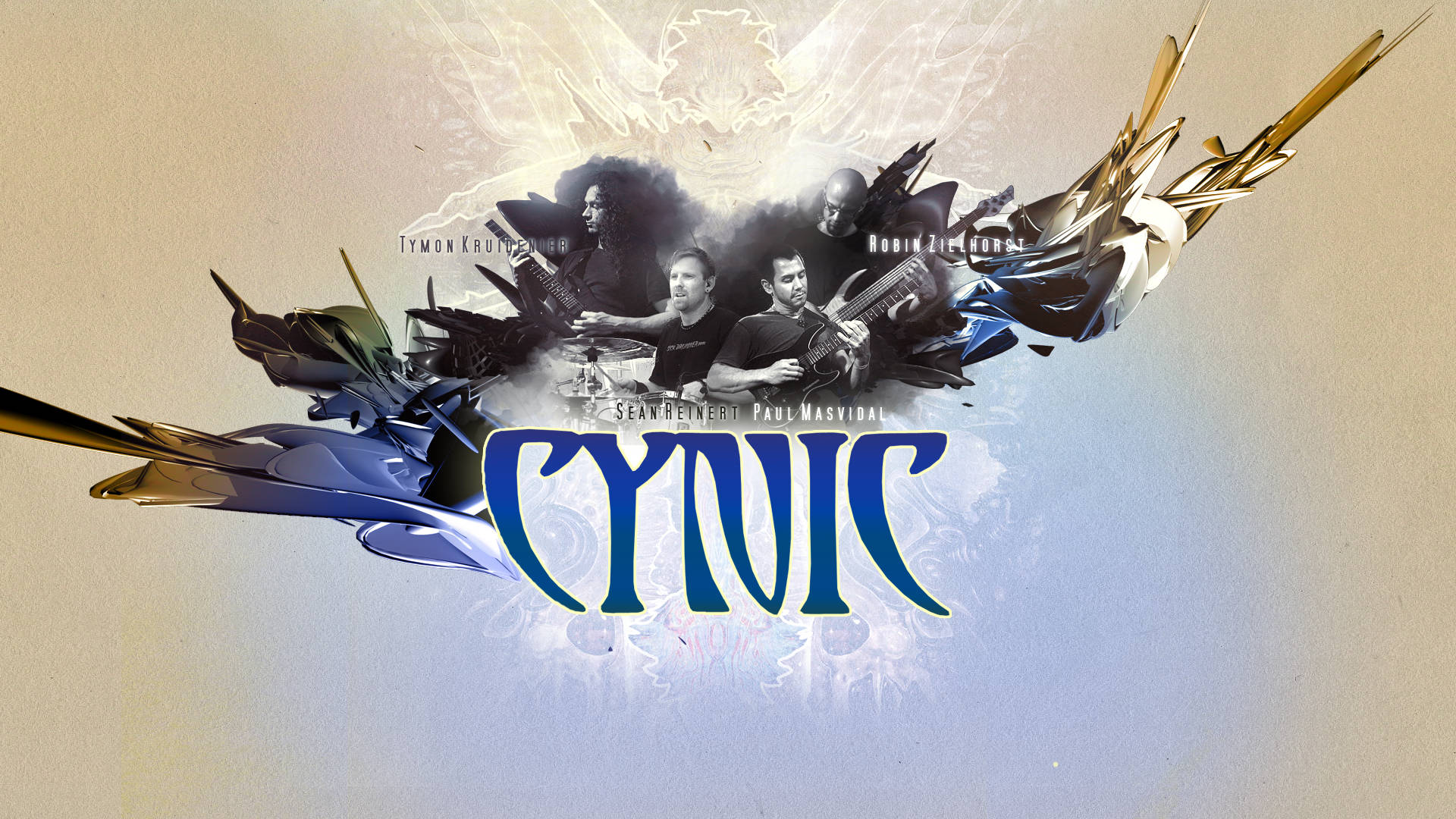 諷刺樂隊Cynic的藝術 壁紙 — 一個風格化的Cynic樂隊標誌，包含五位帶翅膀的音樂家和抽象金屬元素，背景為漸變色。