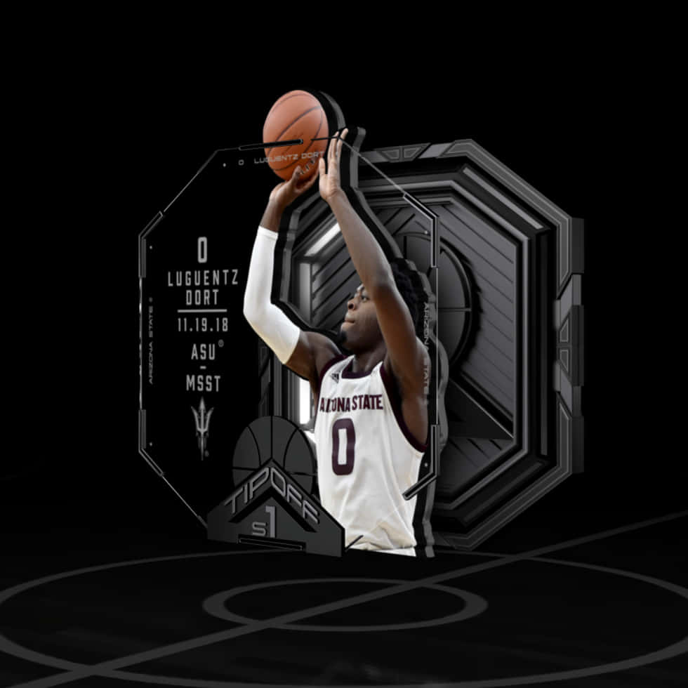 諾倫·道特 Tip-Off S1 3D 圖像 壁紙 — 一名身穿亞利桑那州立大學球衣的籃球運動員跳起投籃，球被未來主義的八角形傳送門框住，背景為黑色。