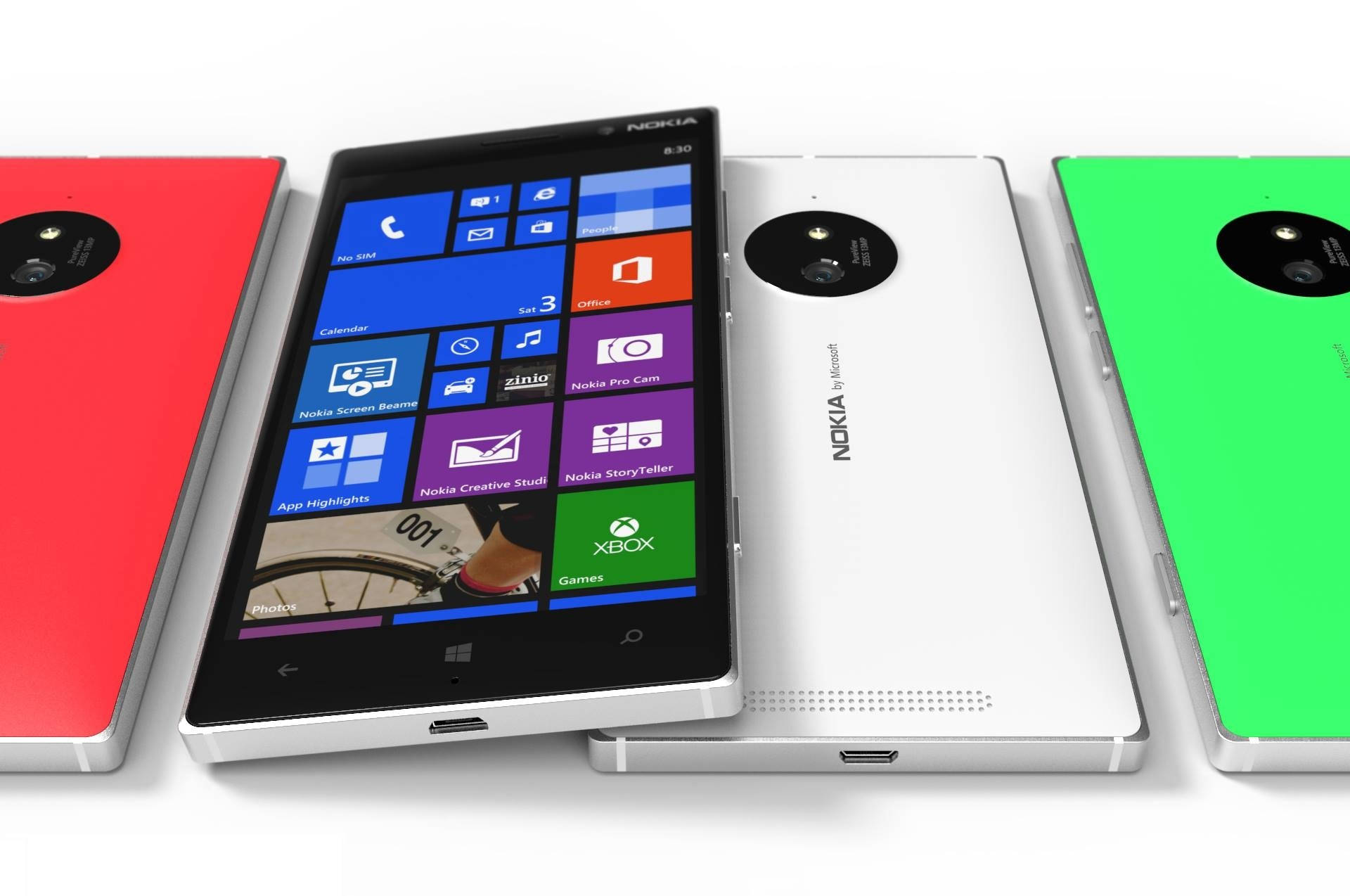 諾基亞 Lumia 830 智能手機 壁紙 — 四款色彩繽紛的Nokia Lumia智能手機排列成行，展示鮮豔的背板和Windows Phone介面。