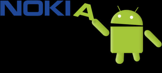諾基亞與安卓混合標誌 壁紙 — 綠色Android吉祥物指向黑色背景上的藍色Nokia標誌。