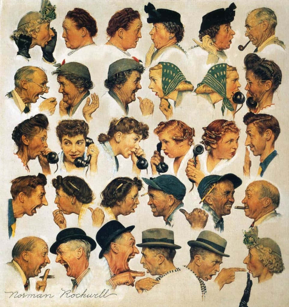 諾曼·洛克威爾以經典美國風情創作畫作 壁紙 — 一幅復古插圖，描繪不同人士以豐富表情和時代服裝進行生動的電話對話。