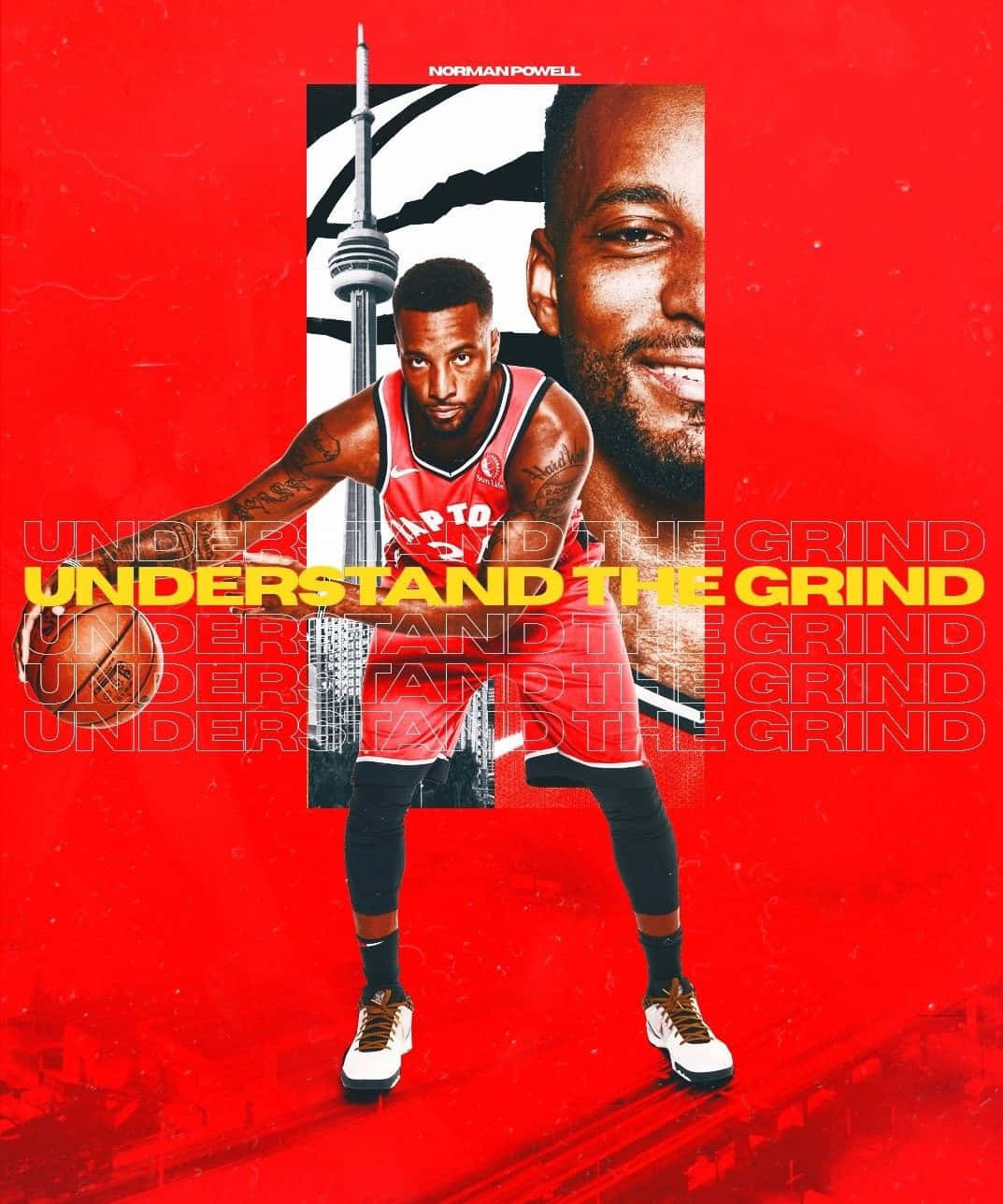 身穿紅色球衣的籃球運動員持球，背景為多倫多天際線和「Understand the Grind」文字。
