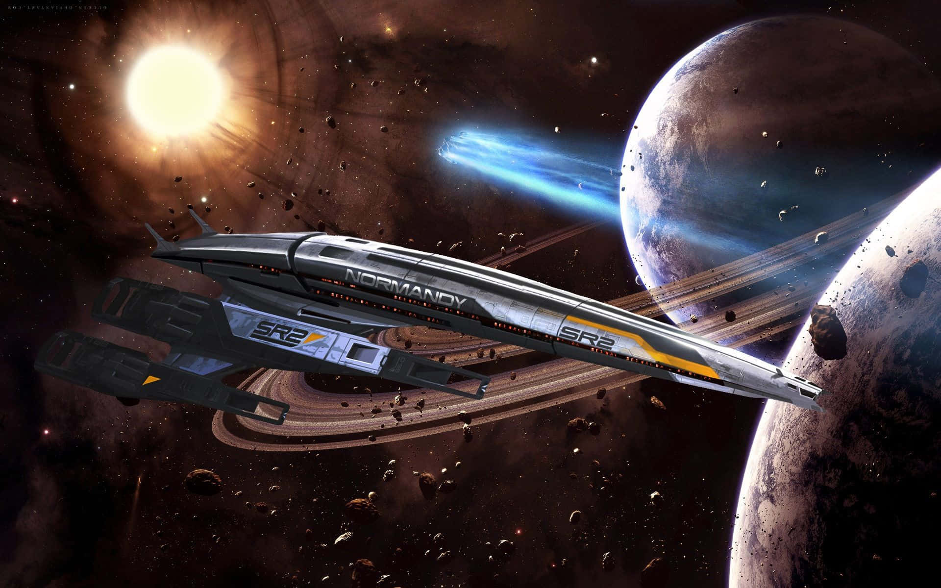 Normandy Sr-2 桌布 壁紙 — 諾曼第SR2太空船在氣體巨星和小行星帶附近的星空中滑翔，背後有明亮的太陽。
